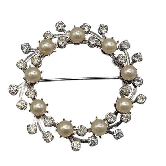 Faux Pearl & Rhinestone Circle Brooch Vintage Silver Tong Prong Set Clear Stones - Picture 1 of 5